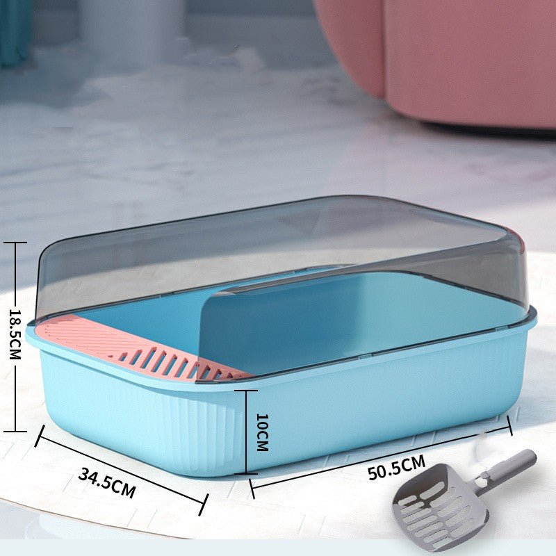 Oversized splash-proof litter box with clear lid, light blue base, and gray scoop