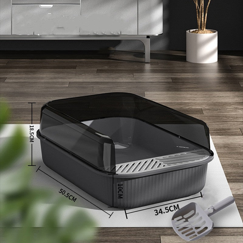 Oversized splash-proof litter box with black lid, dark base, and gray scoop