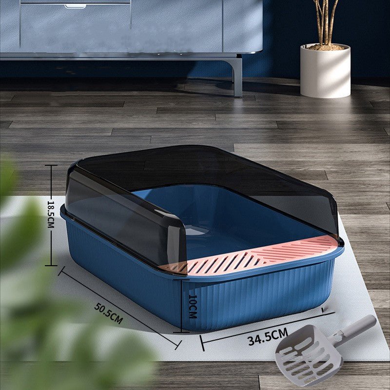 Oversized splash-proof litter box with blue base, black lid, and gray scoop
