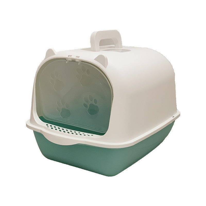 Oversized splash-proof enclosed litter box with green base and clear front window