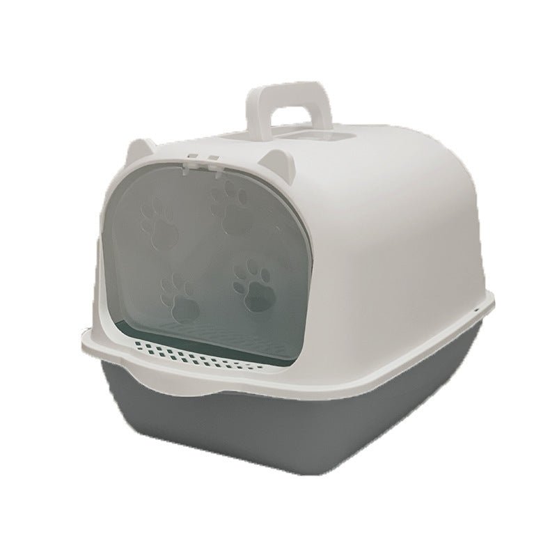 Oversized splash-proof enclosed litter box with dark base and clear front window
