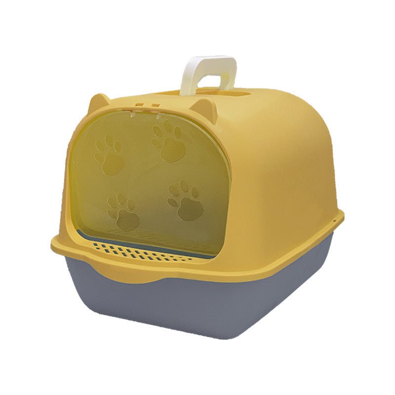 Oversized splash-proof enclosed litter box with yellow hood and clear front window