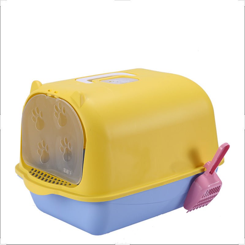 Splash-proof cat litter box with yellow lid, blue base, paw window and pink scoop side