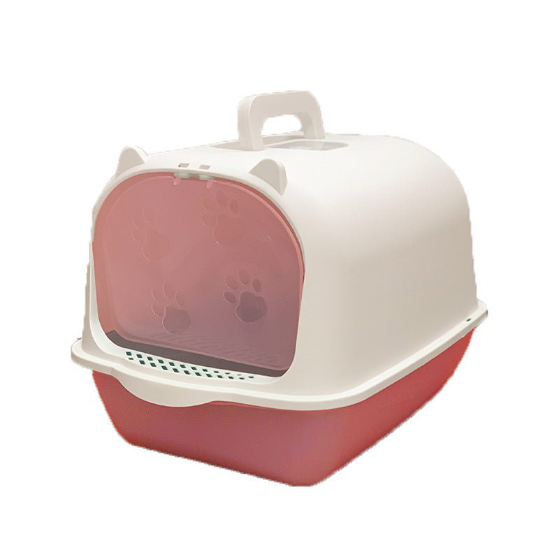 Splash-proof cat litter box with white hood, pink base, purple paw-view door