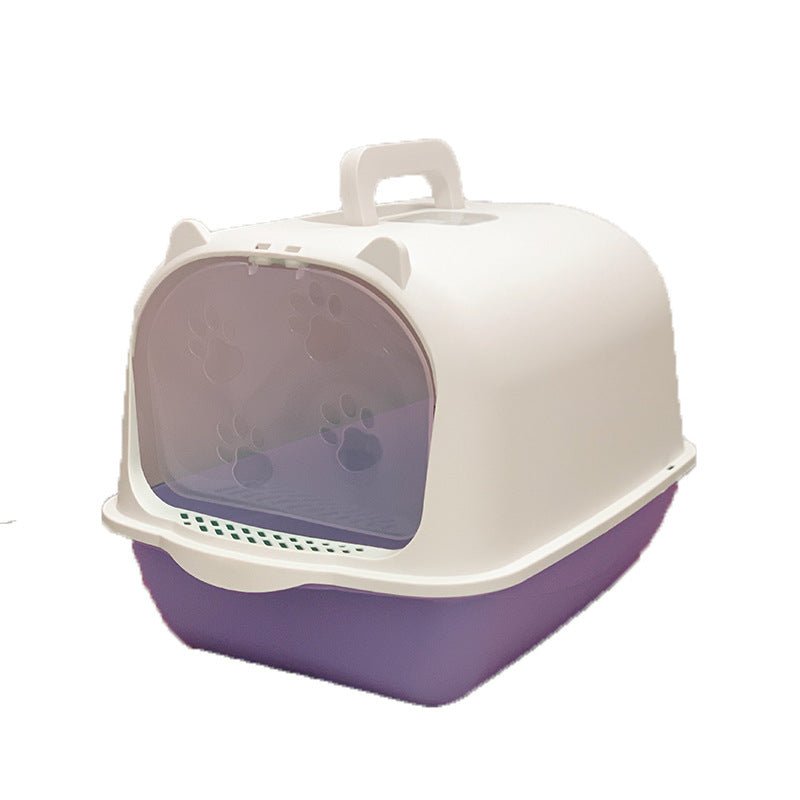 Splash-proof cat litter box with white hood, purple base, translucent paw-view door