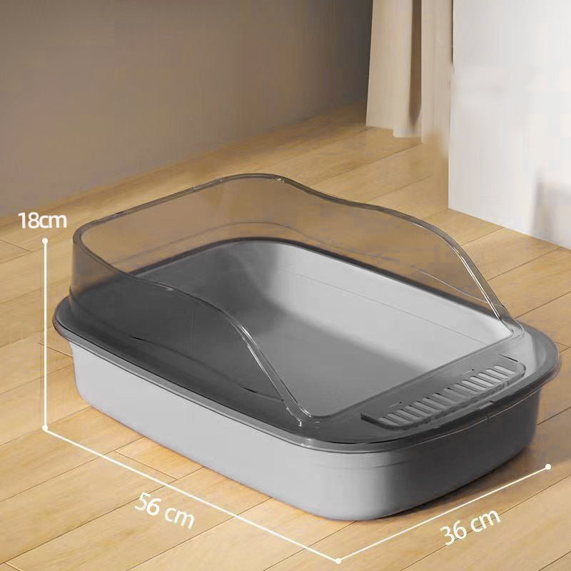 Splash-proof cat litter box, gray with clear cover, 56x36x18 cm