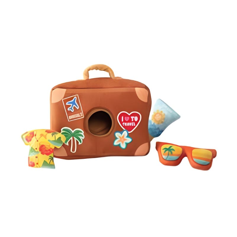 Interactive dog hide-and-seek toy bag with paw-print shapes, sunglasses, and plush pieces