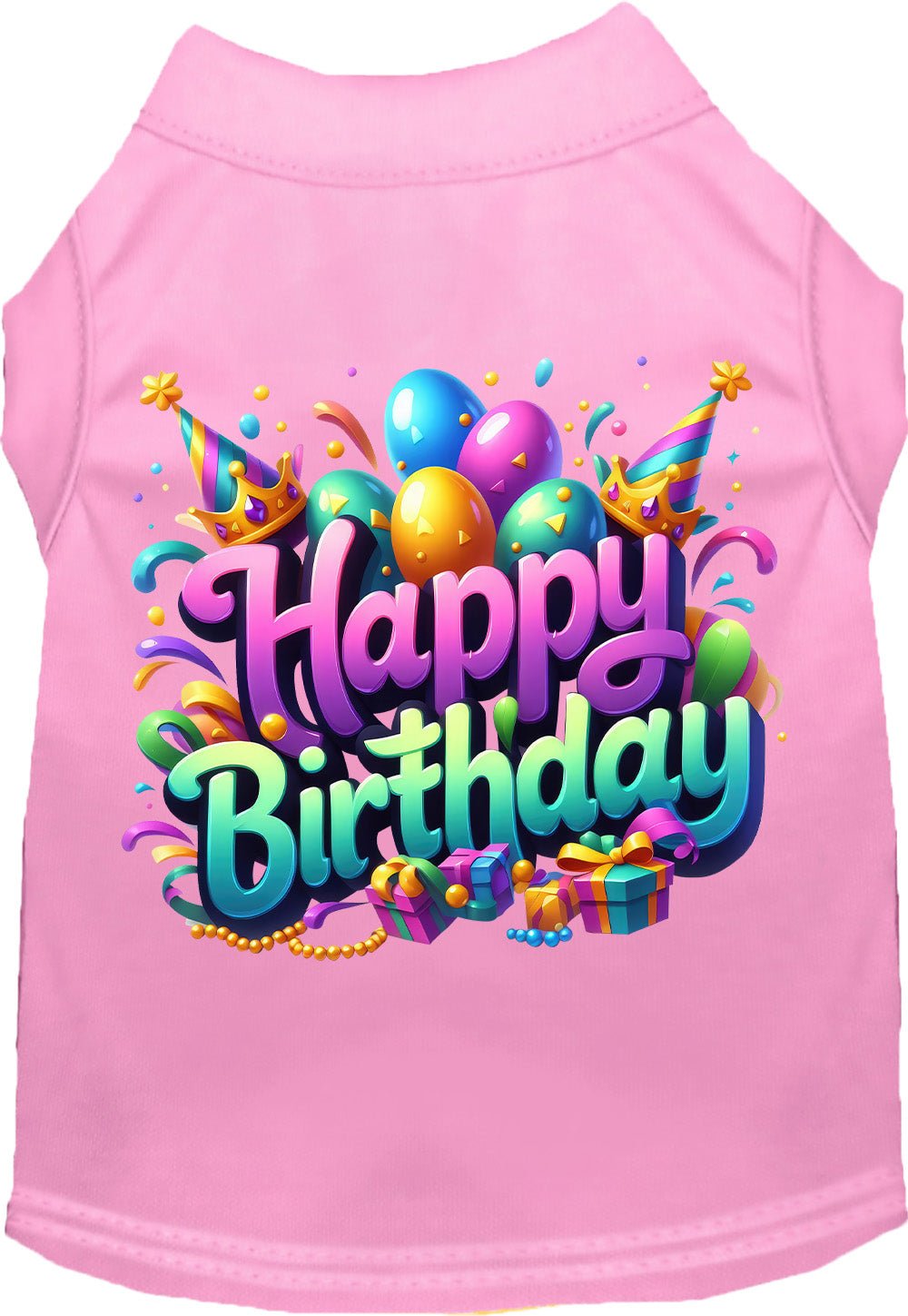 Pink pet T-shirt with "Happy Birthday" balloons and crowns graphic on the back.