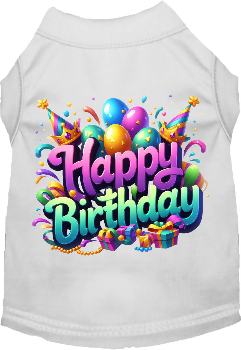 White pet birthday party T-shirt with colorful Happy Birthday graphic