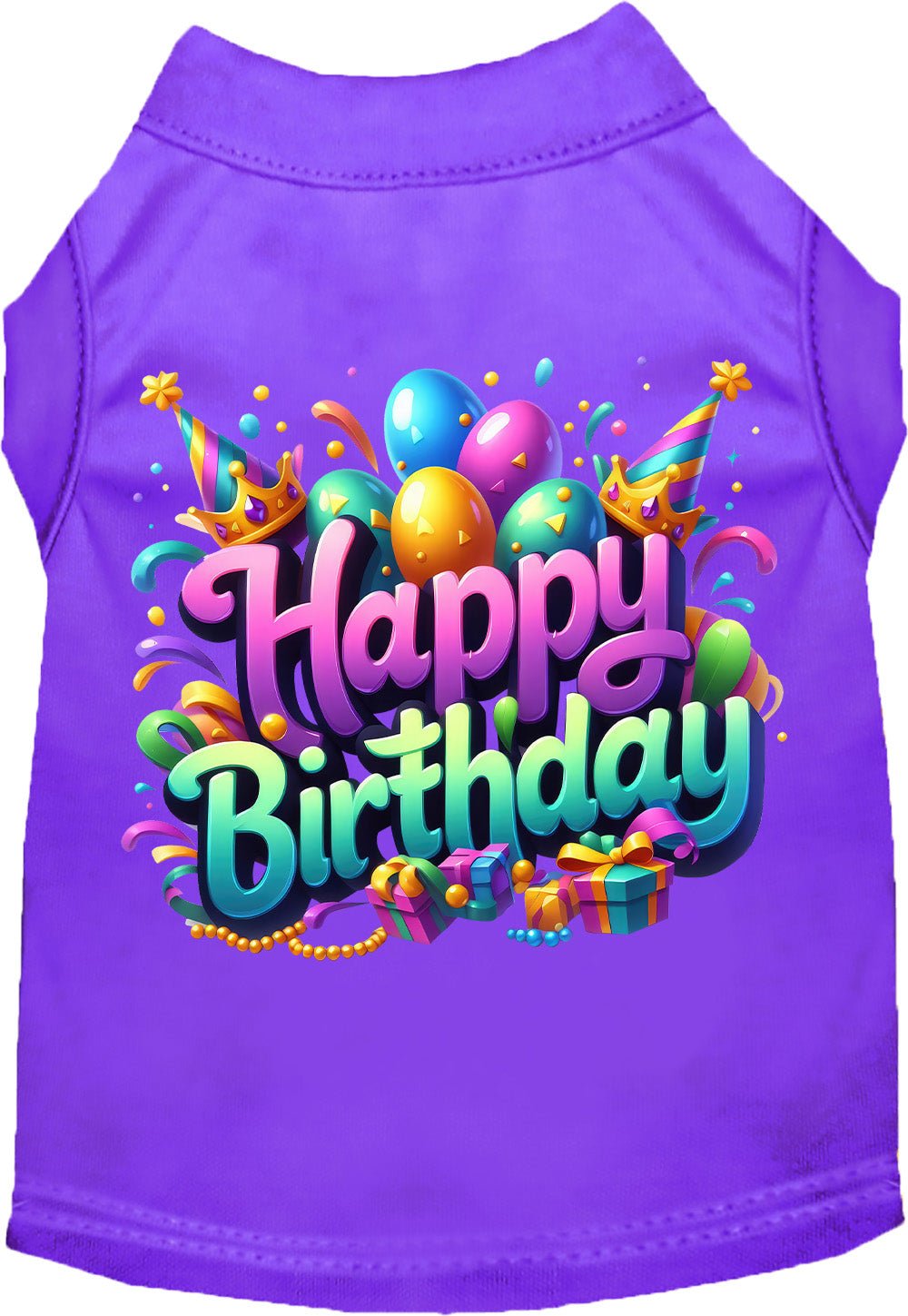 Purple pet T-shirt with "Happy Birthday" balloons, crowns, and confetti graphic.