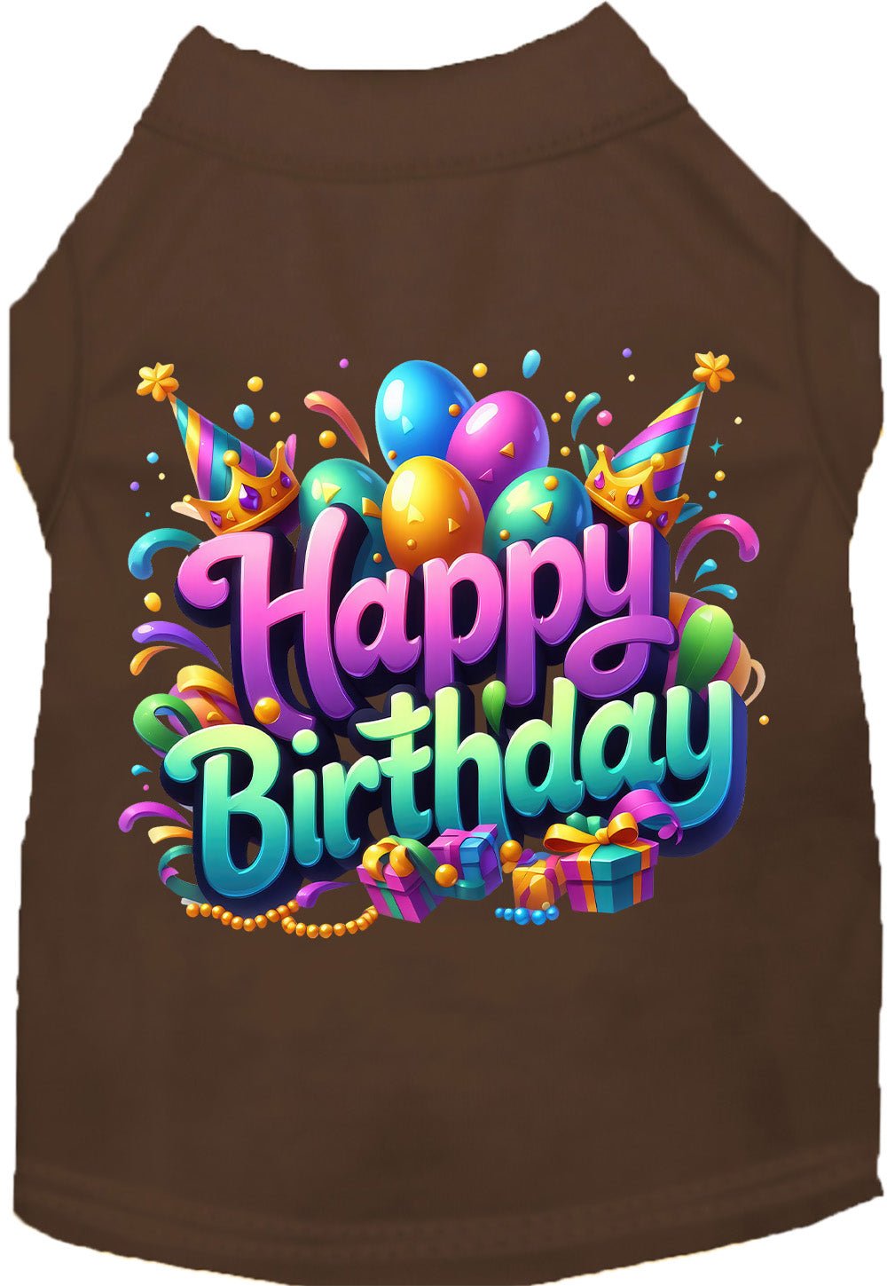 Brown pet T-shirt with centered "Happy Birthday" balloons, crowns, and confetti graphic.