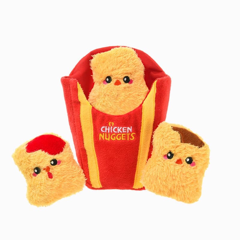 Chicken nugget plush dog toy set with 3 red and yellow pieces, embroidered faces