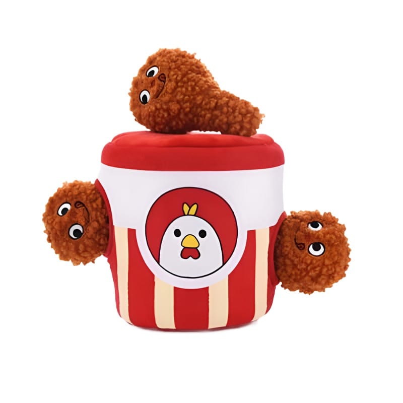 Interactive plush dog toy: red-and-white striped drumstick can with three plush pieces