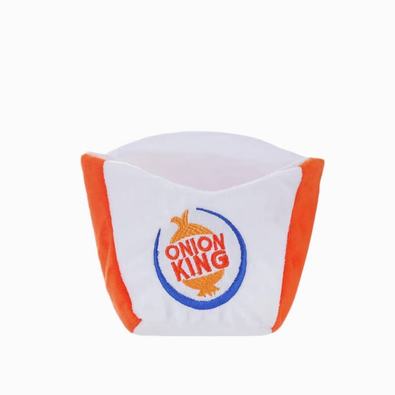 White plush pouch with orange edges and Onion King logo patch