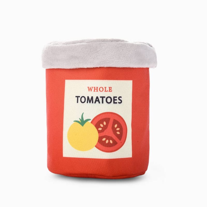 Plush tomato can dog toy with white lid and 'WHOLE TOMATOES' label