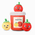 Plush tomato-themed dog toy set: tomato can plush with three character tomatoes