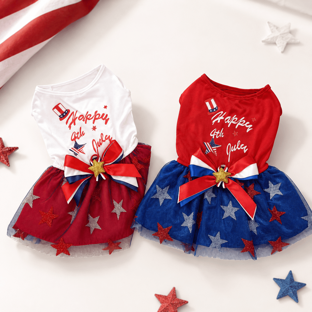 Patriotic dog princess dress with red top, blue star tulle skirt, ribbon bow and rosette