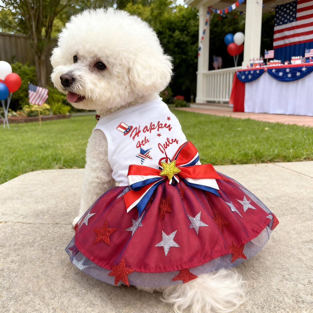 Patriotic dog princess dress with red skirt, star tulle overlay, ribbon bow and gold rosette