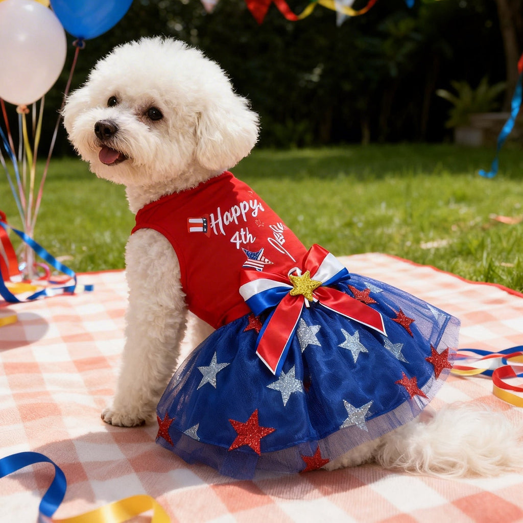 Patriotic 4th of July dog dress with red bodice, blue star tulle skirt, bow and rosette