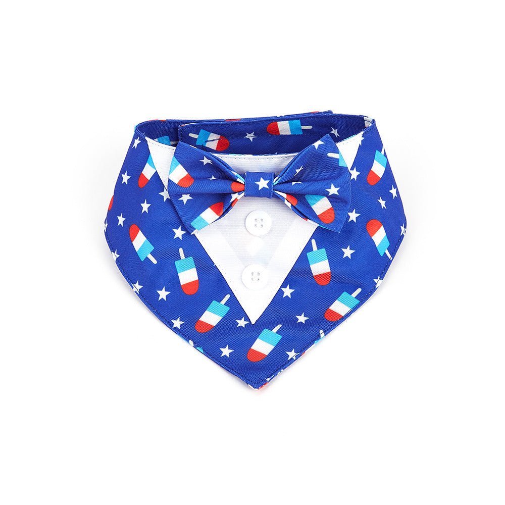 Blue dog tuxedo bandana collar with bow tie, stars and popsicle print, white button front