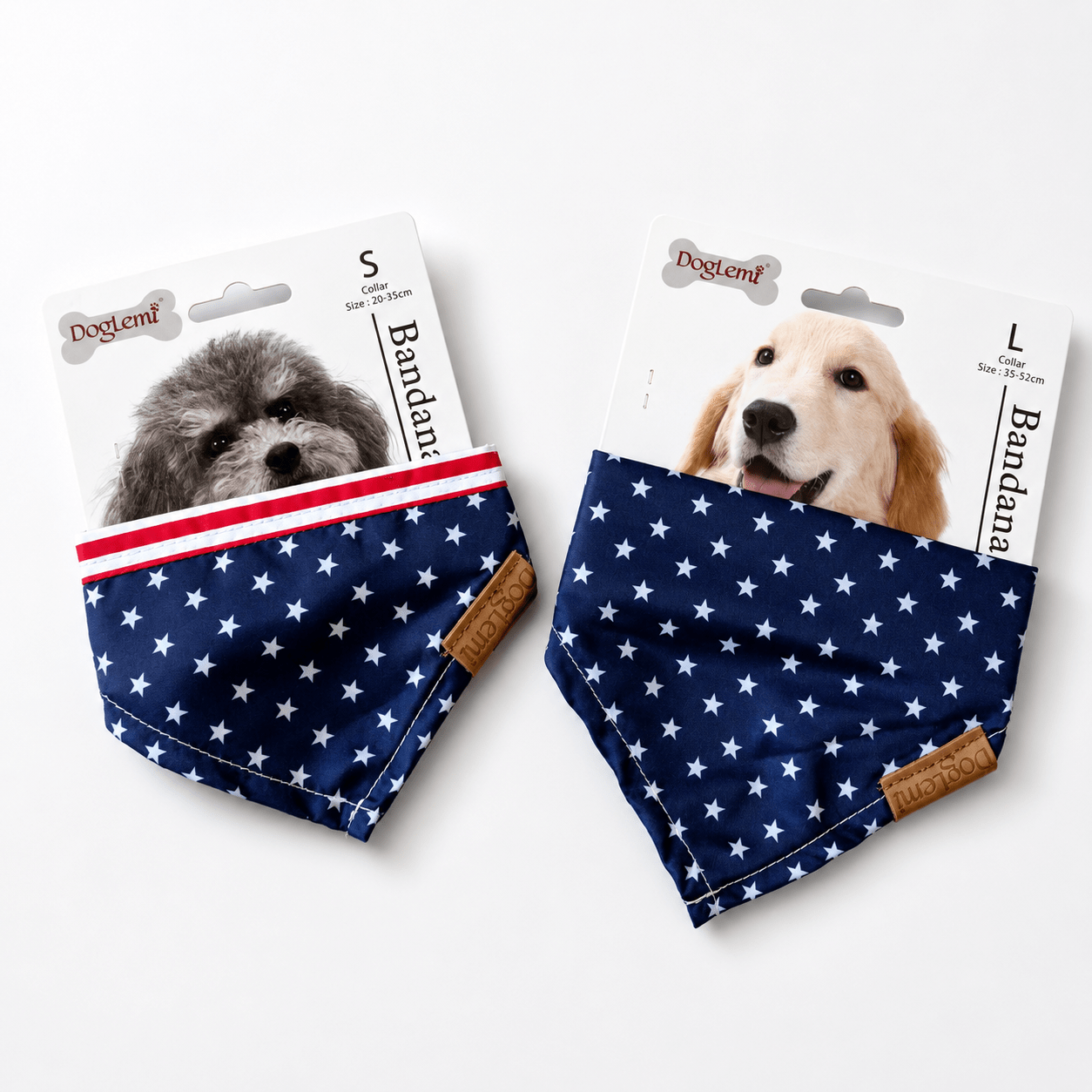 Patriotic dog bandana with blue star print and red-and-white striped edge