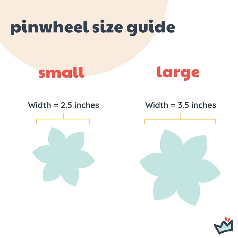 Pinwheel size guide graphic: small 2.5 in and large 3.5 in width