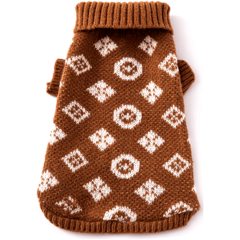 Brown patterned knit turtleneck dog sweater with white diamond and heart motifs