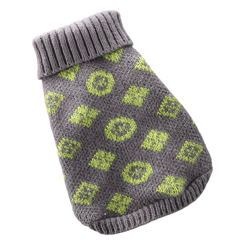 Grey knit dog sweater with neon green paw-print pattern and ribbed turtleneck