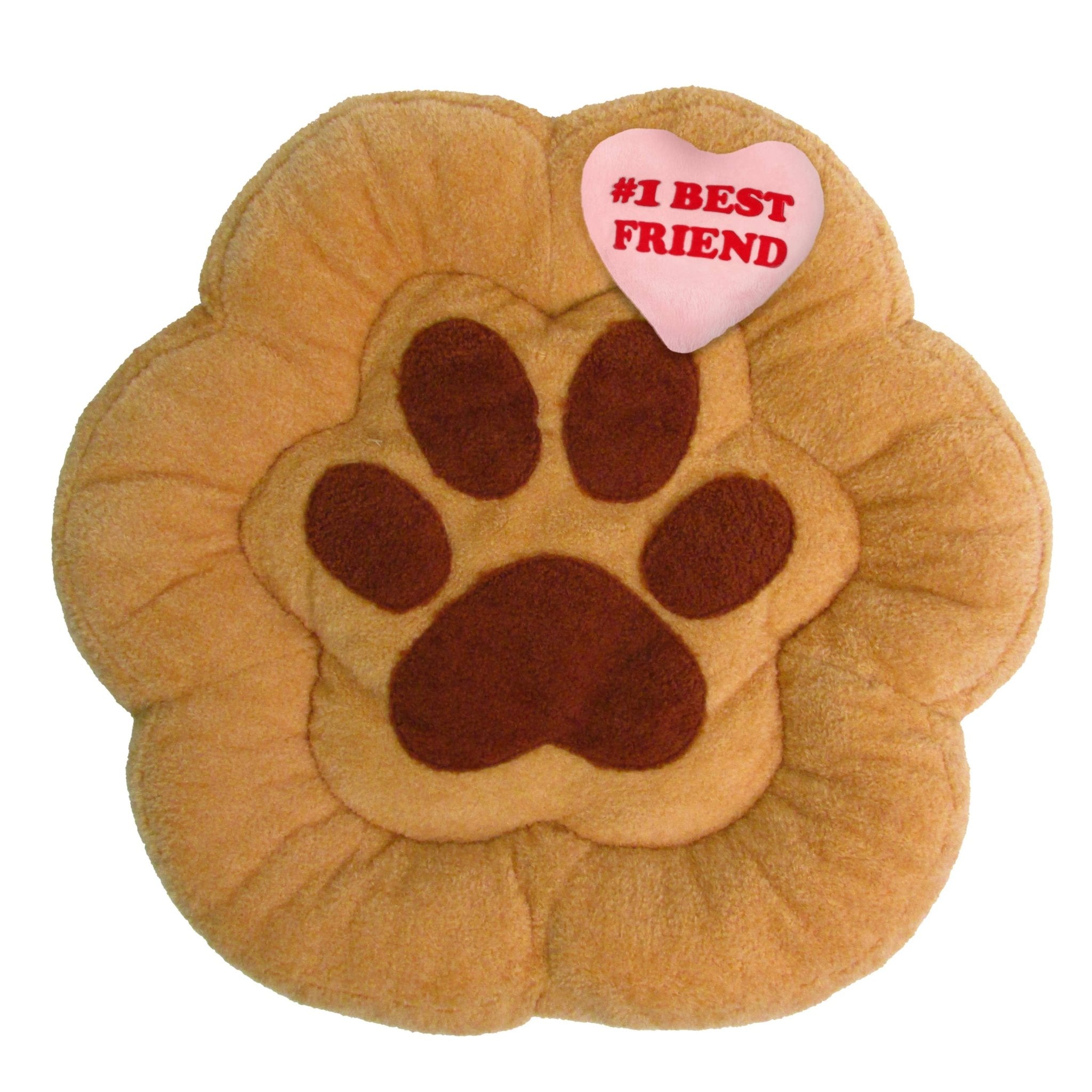 Dog paw-shaped plush pet bed with heart crinkle toy, #1 BEST FRIEND patch on top