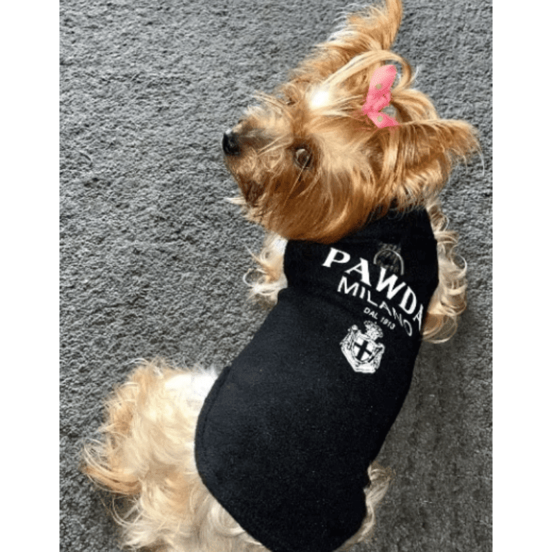 Black fleece pet hoodie pullover with PAWDA MILANO logo on chest and leash slot