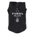 Black fleece pet pullover with PAWDA MILANO logo and front crest graphic