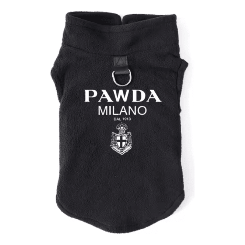 Black fleece pet pullover with PAWDA MILANO logo and front crest graphic