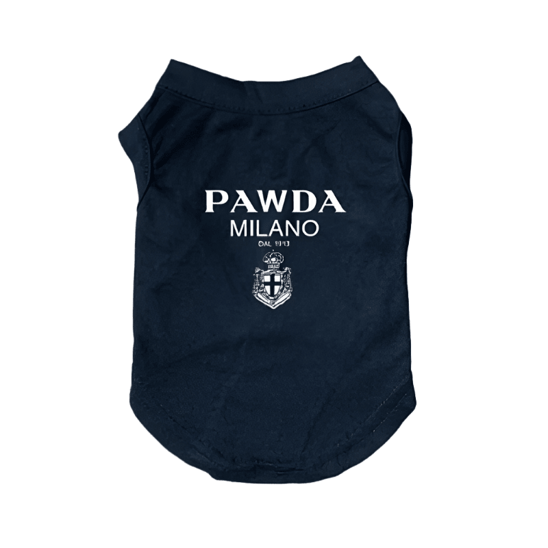 Dark pet t-shirt with Pawda Milano logo on front