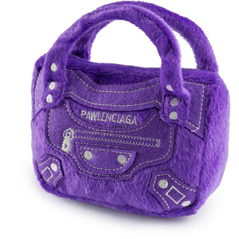 Purple plush bag dog toy with loop handle and stitched Pawlenciaga-style logo