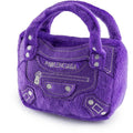 Purple plush bag dog toy with loop handle and stitched Pawlenciaga-style logo