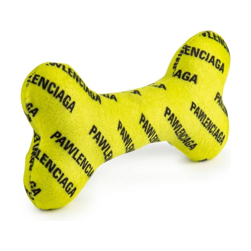 Neon yellow plush bone dog toy with Pawlenciaga logo print, front view