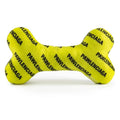 Neon yellow plush bone dog toy with Pawlenciaga logo print and squeaker