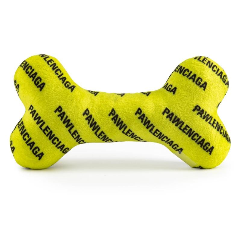 Neon yellow plush bone dog toy with Pawlenciaga logo print and squeaker