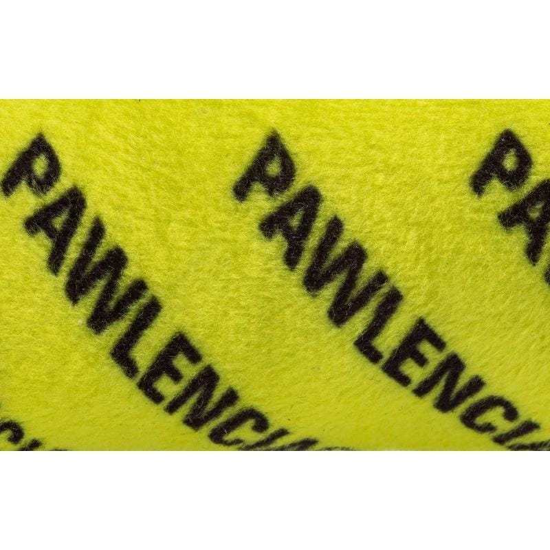 Neon yellow plush fabric detail with repeating Pawlenciaga text logo