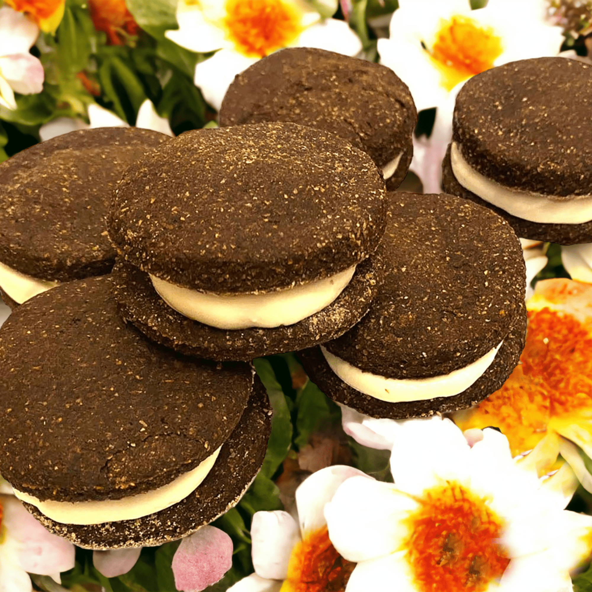Dark brown dog treat cookies with pale filling, stacked