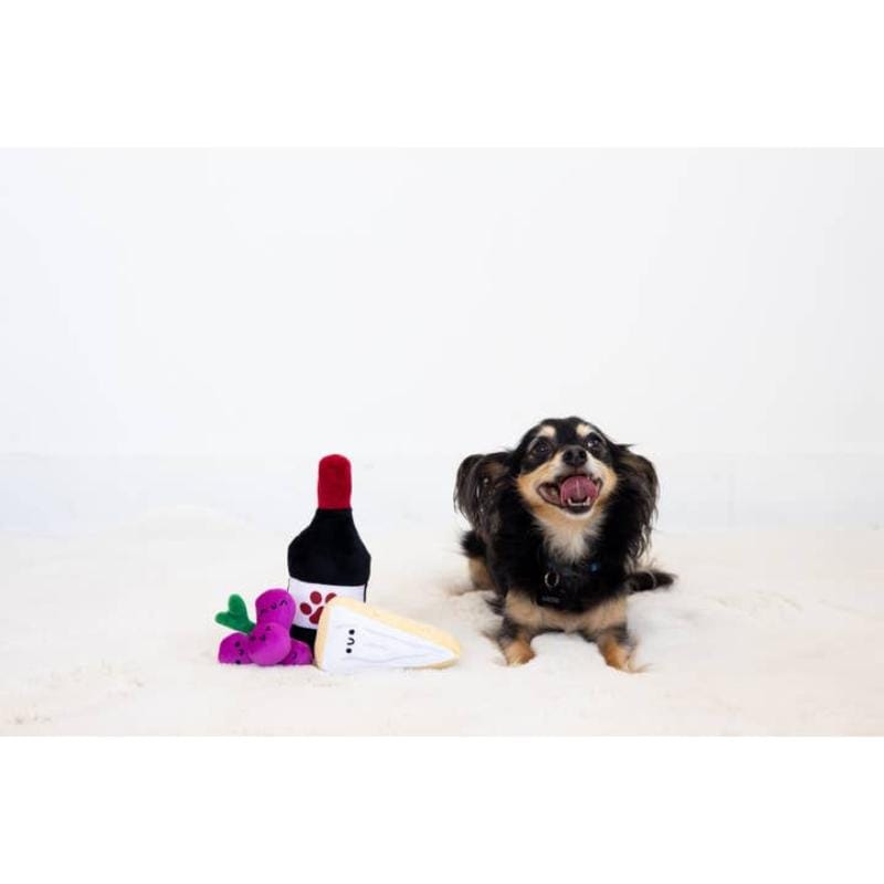 Three plush dog toys beside a small dog: cream bone, purple critter, black paw bottle