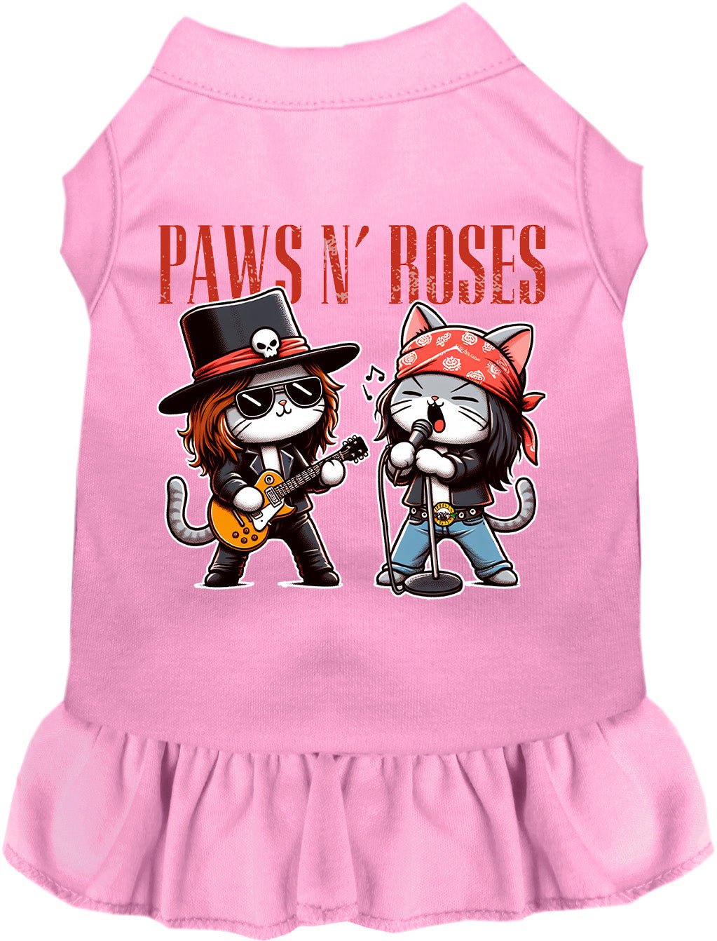 Light pink pet dress with ruffled skirt hem, sleeveless style, and skull-art graphic print
