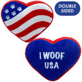 Double-sided heart plush squeaky dog toy, blue paw print and red-white-blue stripes
