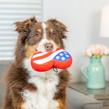 Red, white, and blue heart plush squeaky dog toy with stars and stripes