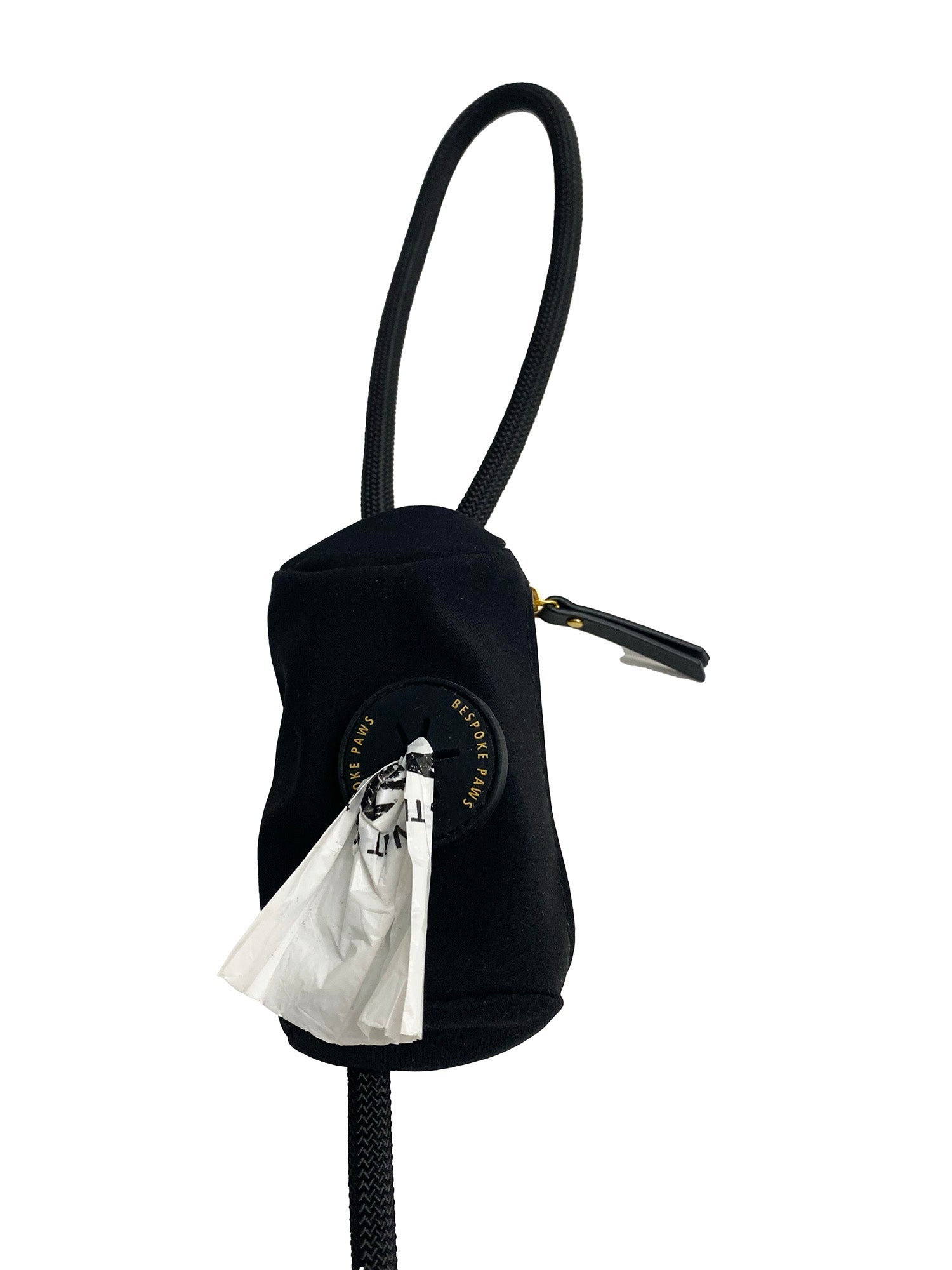 Black hanging waste bag dispenser pouch with long loop strap and zipper flap