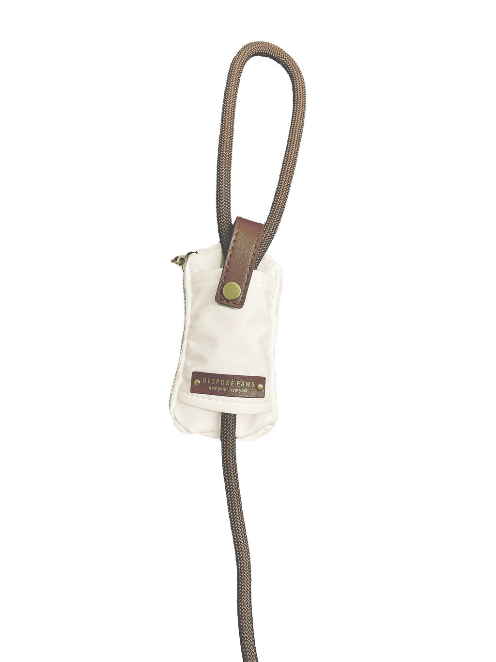 Ivory waste bag dispenser pouch with hanging loop strap and small front leather patch