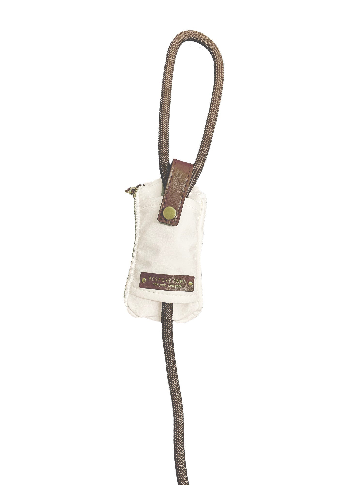 Ivory waste bag dispenser pouch with hanging loop strap and small front leather patch
