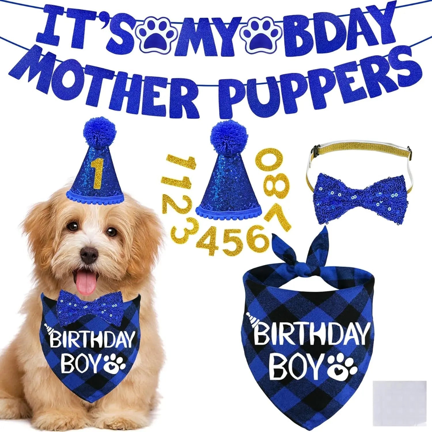 Dog birthday decor set with blue hat, bandana, bow tie, and banner
