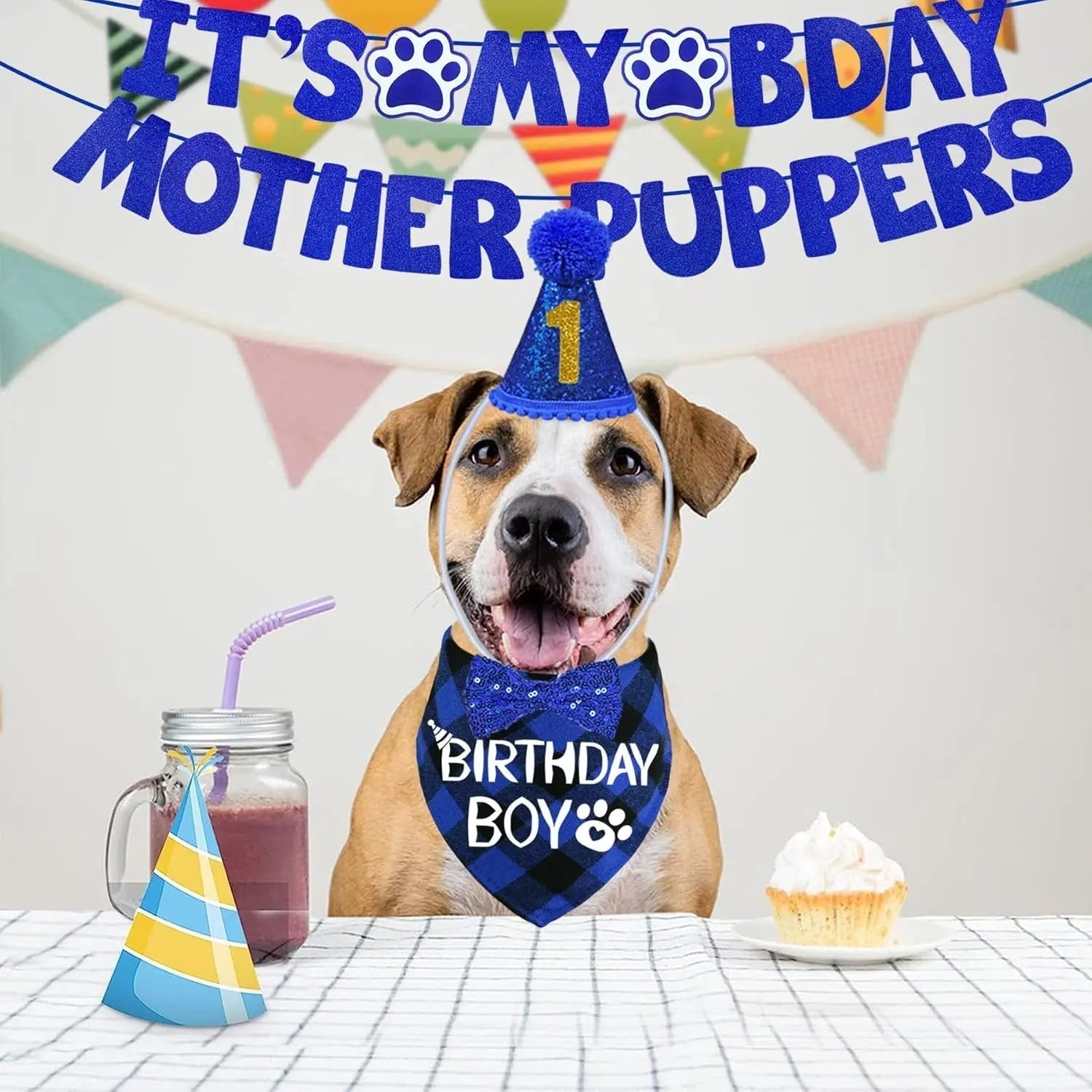 Dog birthday decor set with blue party hat, Birthday Boy bandana, and banner
