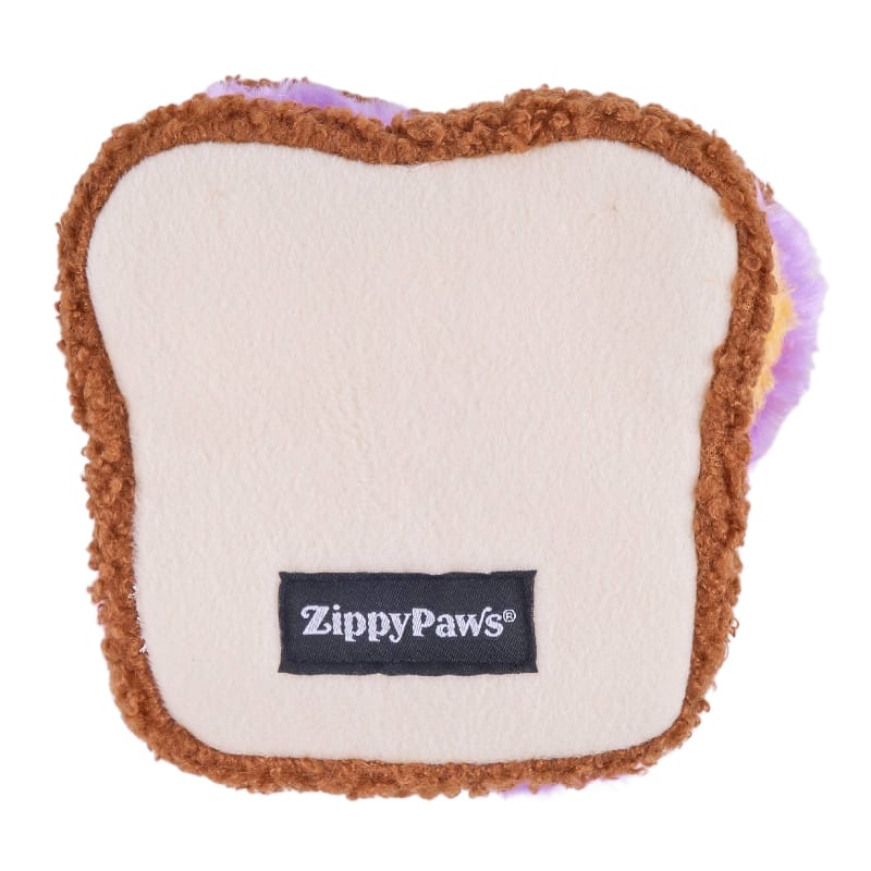 Plush sandwich dog toy with white bread, brown crust, and ZippyPaws® logo patch